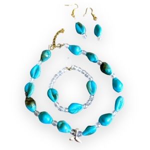 New Handmade Artisan Turquoise Coffee Bean Shell Necklace Earring Bracelet Set
